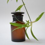 Frascos de vidro e utensílios de laboratório usados na preparação e análise de ingredientes cosméticos.